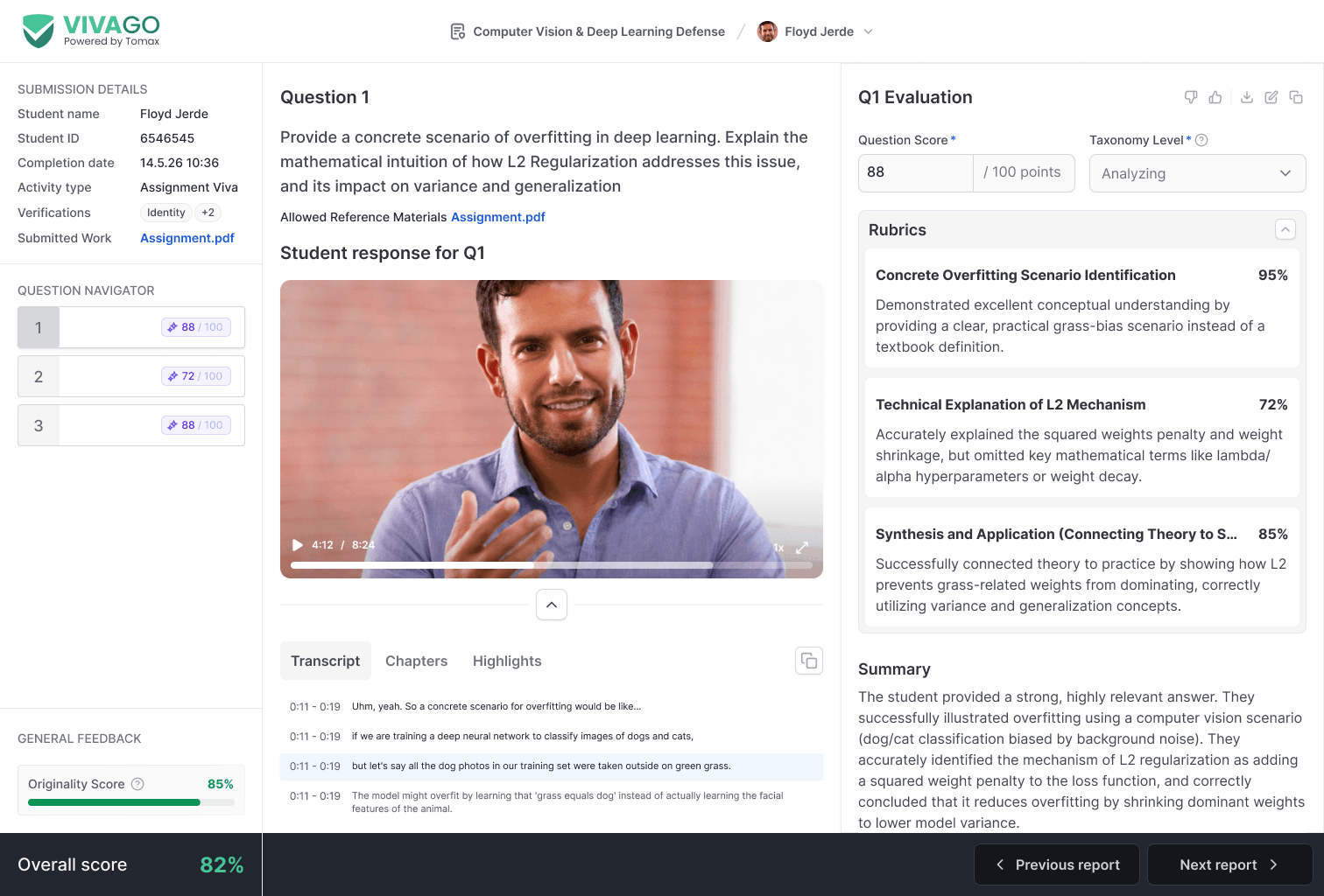 Smart Defense evaluation report, with rubric scoring, transcript, and identity verification
