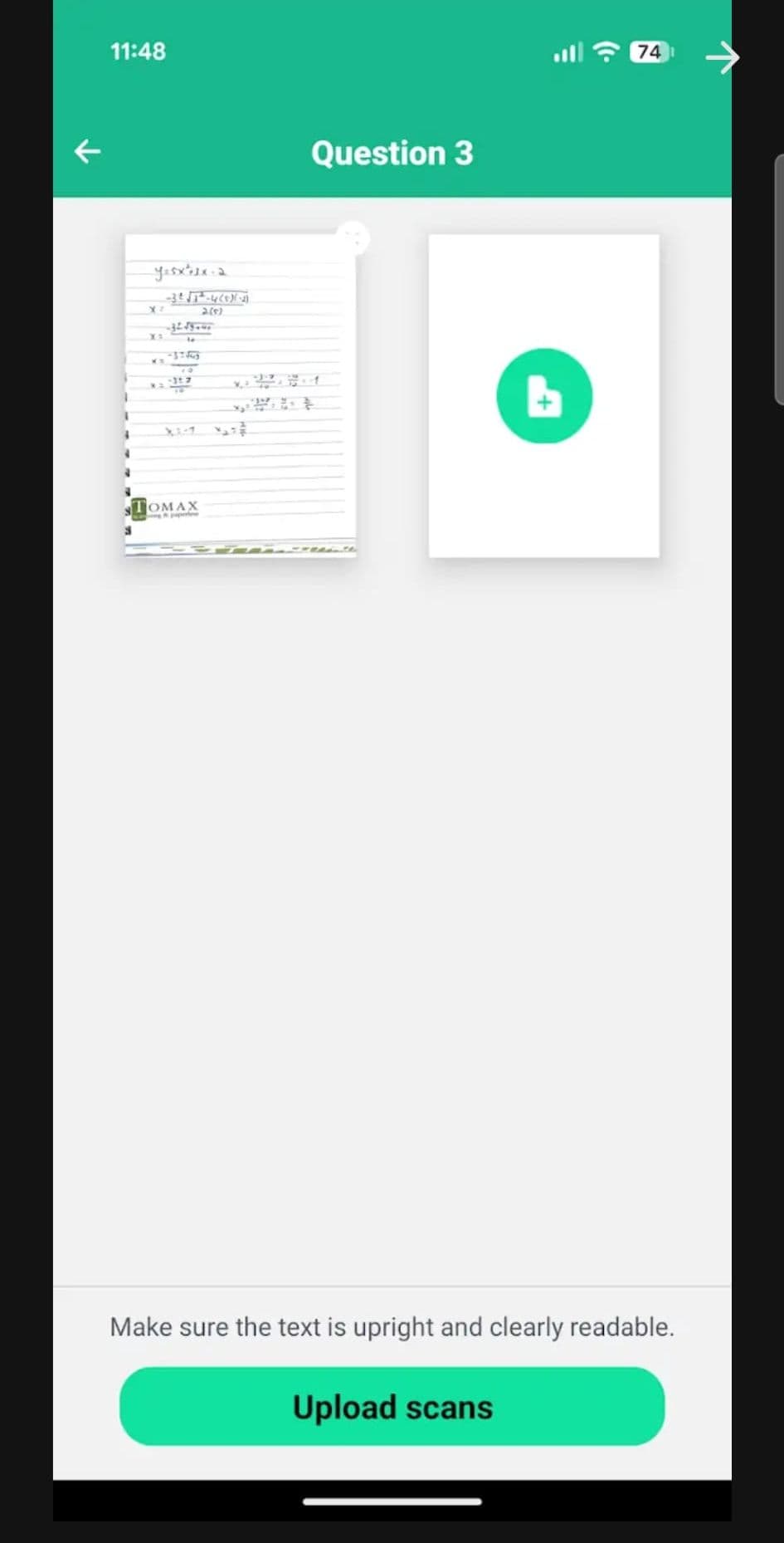 Tomax App showing the scanned pages attached to Question 3