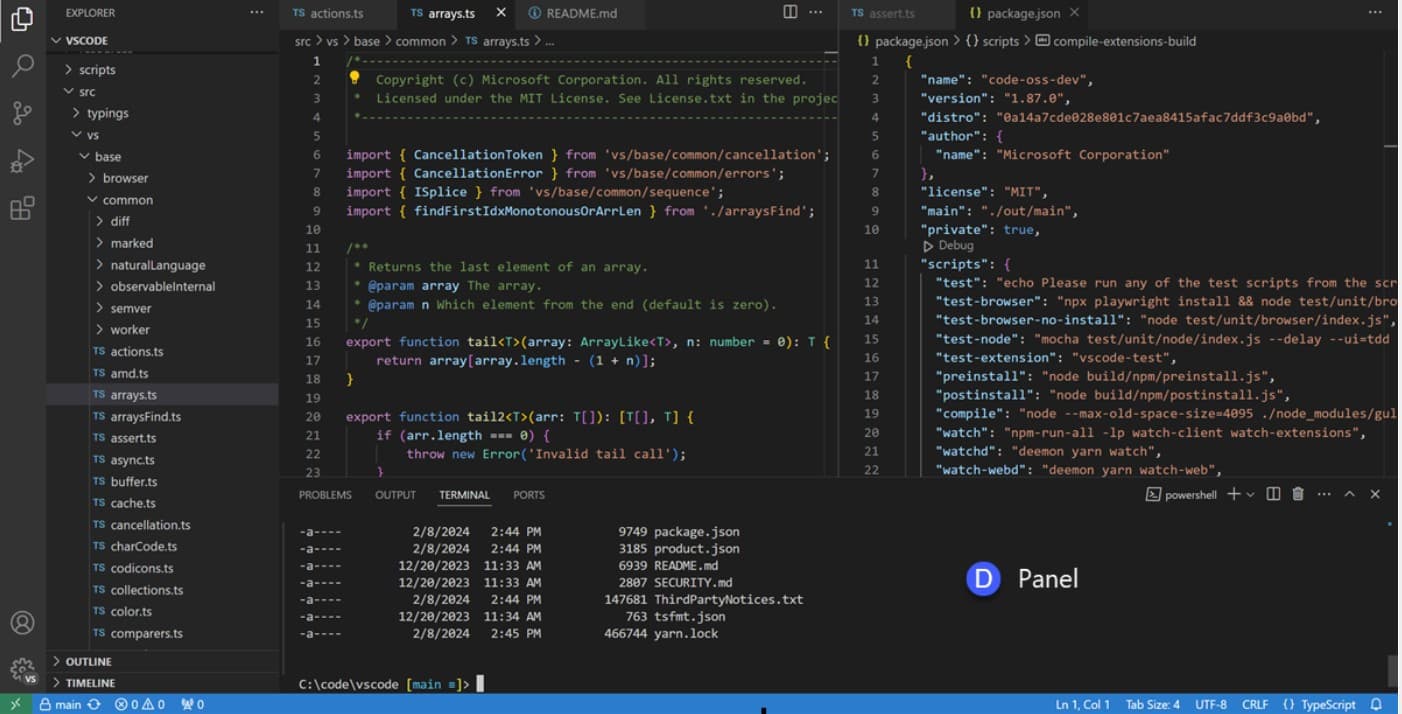 Visual Studio Code editor with a project open, showing the file explorer, split editors, and integrated terminal